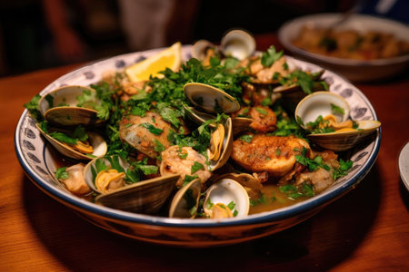 a delicious and flavorful dish of Carne de Porco in Alentejana, a traditional Portuguese dish that is popular throughout the country. The dish is made with tender pieces of fried pork, accompanied by fresh clams, garlic, and coriander.の写真素材