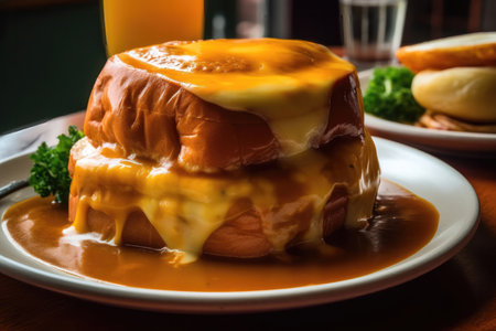 a delicious and hearty Francesinha, a traditional sandwich from Porto, Portugal. The sandwich is stacked high with layers of different types of meat, including ham, linguiÃ§a, and roast beef.の写真素材