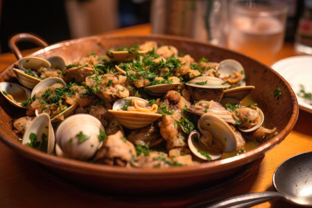 a delicious and flavorful dish of Carne de Porco in Alentejana, a traditional Portuguese dish that is popular throughout the country. The dish is made with tender pieces of fried pork, accompanied by fresh clams, garlic, and coriander.の写真素材
