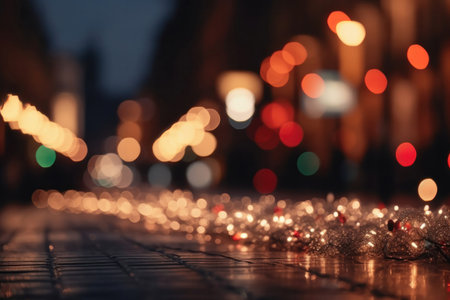 a blurred city street with vibrant Christmas illuminations, creating a festive and joyful background perfect for a holiday banner or advertisement. The blurred effect of the image adds depth and dimension, creating a sense of movement and energy.の写真素材