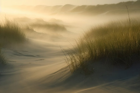 a minimalist coastal scene with a sand dune, beach grass, and a foggy shoreline. The soft muted waves gently lap at the shore, creating a soothing and tranquil atmosphere.の写真素材