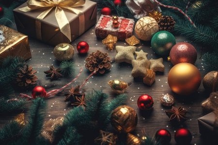 a festive and colorful holiday greeting banner template, perfect for use in promotions, advertisements, or social media posts during the Christmas season. The banner features a mix of traditional Christmas colors, such as red and green, with accents of gold and silver.の写真素材