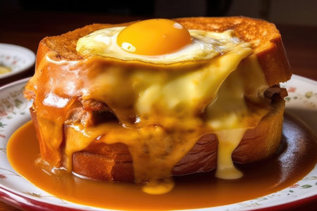 a delicious and hearty Francesinha, a traditional sandwich from Porto, Portugal. The sandwich is stacked high with layers of different types of meat, including ham, linguiÃ§a, and roast beef.の写真素材