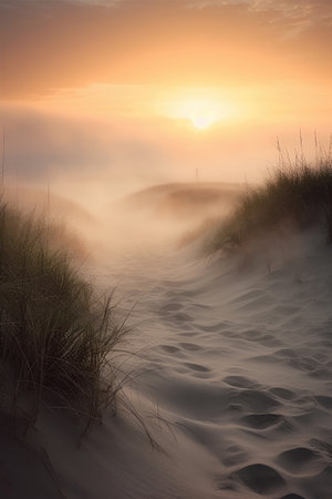 a minimalist coastal scene with a sand dune, beach grass, and a foggy shoreline. The soft muted waves gently lap at the shore, creating a soothing and tranquil atmosphere.の写真素材