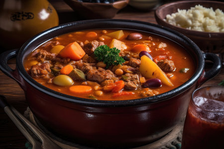 steaming bowl of Cozido in Portuguesa, a hearty stew that is a staple of Portuguese cuisine. The stew is made with a variety of meats, including beef, pork, and chicken, as well as a range of vegetables and beans.の写真素材