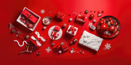 a top view of a festive Christmas scene with various props arranged around the borders of the image. The props include items such as Christmas lights, ornaments, snowflakes, and other holiday decorations that create a warm and inviting atmosphere.の写真素材