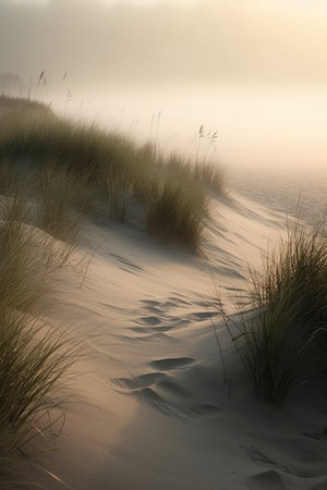 a minimalist coastal scene with a sand dune, beach grass, and a foggy shoreline. The soft muted waves gently lap at the shore, creating a soothing and tranquil atmosphere.の写真素材