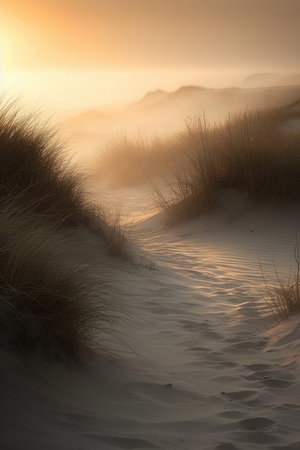 a minimalist coastal scene with a sand dune, beach grass, and a foggy shoreline. The soft muted waves gently lap at the shore, creating a soothing and tranquil atmosphere.の写真素材