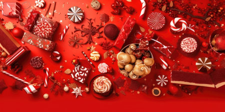 a top view of a festive Christmas scene with various props arranged around the borders of the image. The props include items such as Christmas lights, ornaments, snowflakes, and other holiday decorations that create a warm and inviting atmosphere.の写真素材