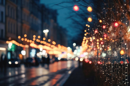 a blurred city street with vibrant Christmas illuminations, creating a festive and joyful background perfect for a holiday banner or advertisement. The blurred effect of the image adds depth and dimension, creating a sense of movement and energy.の写真素材