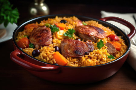 a delicious and hearty Portuguese rice dish called Arroz de Pato. The dish features succulent pieces of duck meat, flavorful chorizo sausage, and a variety of vegetables all mixed together with rice to create a rich and savory flavor.の写真素材