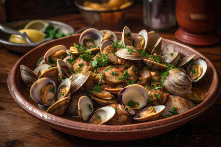 a delicious and flavorful dish of Carne de Porco in Alentejana, a traditional Portuguese dish that is popular throughout the country. The dish is made with tender pieces of fried pork, accompanied by fresh clams, garlic, and coriander.の写真素材