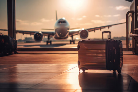 a collection of luggage stands arranged on the floor of an airport terminal, with a plane visible in the background. The stands are brightly colored, with shades of blue, yellow, and red creating a vibrant and eye-catching scene.の写真素材