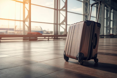 a collection of luggage stands arranged on the floor of an airport terminal, with a plane visible in the background. The stands are brightly colored, with shades of blue, yellow, and red creating a vibrant and eye-catching scene.の写真素材