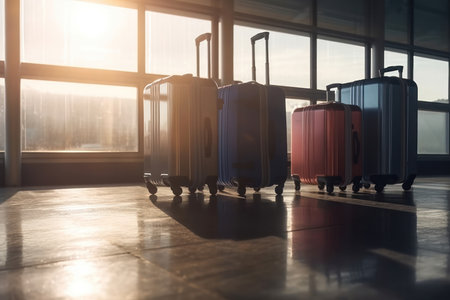 a collection of luggage stands arranged on the floor of an airport terminal, with a plane visible in the background. The stands are brightly colored, with shades of blue, yellow, and red creating a vibrant and eye-catching scene.の写真素材