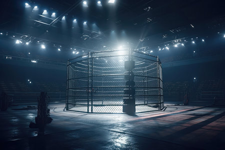 an interior view of a sport arena with a fighting cage in the center of the scene. The cage is surrounded by shining spotlights, which illuminate the space and create an intense atmosphere of competition and excitement. The audience is visible in the background, sitting in rows of seats and cheering on their favorite fighters.の写真素材