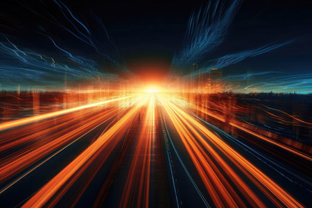 a long exposure photograph that captures the movement of light trails created by moving objects, such as cars or people, in a sweeping motion. The photograph is taken at night and shows a bustling urban scene, with streaks of light creating a dynamic and energetic effect.の写真素材