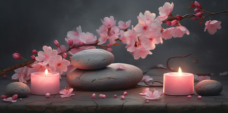 Amidst a lush garden, you'll find a serene arrangement of smooth stones, flickering candles, and delicate cherry blossoms in full bloom. The natural beauty and simplicity of these elements come together to create a sense of tranquility and harmony.の写真素材