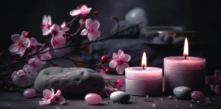 Amidst a lush garden, you'll find a serene arrangement of smooth stones, flickering candles, and delicate cherry blossoms in full bloom. The natural beauty and simplicity of these elements come together to create a sense of tranquility and harmony.の写真素材