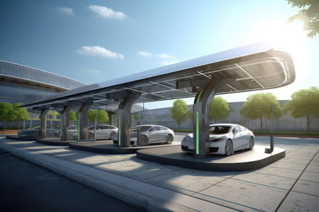 This high-end parking lot boasts a row of stunning electric cars parked neatly at charging stations. The sleek, modern design of the cars and charging stations creates an atmosphere of futuristic luxury.の写真素材