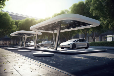 This high-end parking lot boasts a row of stunning electric cars parked neatly at charging stations. The sleek, modern design of the cars and charging stations creates an atmosphere of futuristic luxury.の写真素材