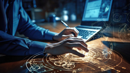 a man sitting at a desk, working on a laptop computer. The man is focused on his work, with his hands on the keyboard and his eyes fixed on the screen. In the background of the image, a symbol of an institution is visible, perhaps indicating the organization for which the man works.の写真素材