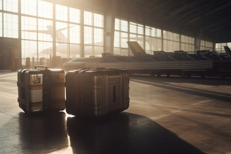 a collection of luggage stands arranged on the floor of an airport terminal, with a plane visible in the background. The stands are brightly colored, with shades of blue, yellow, and red creating a vibrant and eye-catching scene.の写真素材