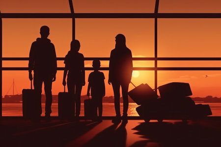 a silhouette image of a family consisting of parents and kids standing with their luggage at an airport terminal, ready to begin on a journey.の写真素材