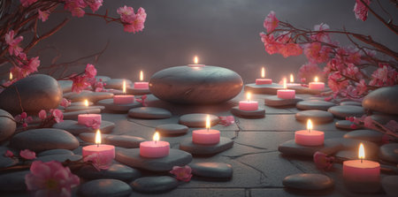 Amidst a lush garden, you'll find a serene arrangement of smooth stones, flickering candles, and delicate cherry blossoms in full bloom. The natural beauty and simplicity of these elements come together to create a sense of tranquility and harmony.の写真素材