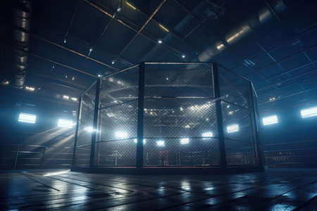an interior view of a sport arena with a fighting cage in the center of the scene. The cage is surrounded by shining spotlights, which illuminate the space and create an intense atmosphere of competition and excitement. The audience is visible in the background, sitting in rows of seats and cheering on their favorite fighters.の写真素材