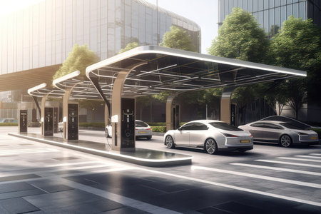 This high-end parking lot boasts a row of stunning electric cars parked neatly at charging stations. The sleek, modern design of the cars and charging stations creates an atmosphere of futuristic luxury.の写真素材