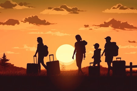 a silhouette image of a family consisting of parents and kids standing with their luggage at an airport terminal, ready to begin on a journey.の写真素材