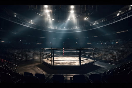 an interior view of a sport arena with a fighting cage in the center of the scene. The cage is surrounded by shining spotlights, which illuminate the space and create an intense atmosphere of competition and excitement. The audience is visible in the background, sitting in rows of seats and cheering on their favorite fighters.の写真素材