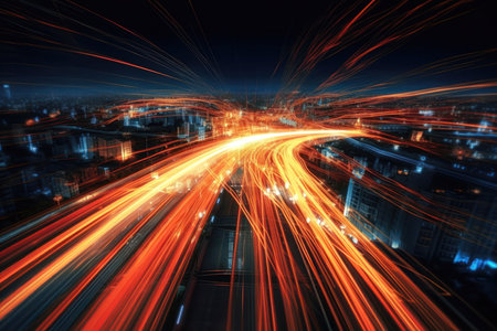 a long exposure photograph that captures the movement of light trails created by moving objects, such as cars or people, in a sweeping motion. The photograph is taken at night and shows a bustling urban scene, with streaks of light creating a dynamic and energetic effect.の写真素材