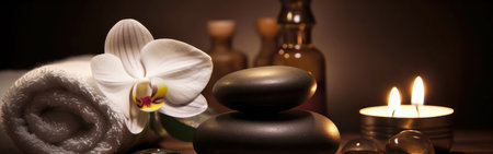 a serene and tranquil spa setting with a banner in the foreground.の写真素材