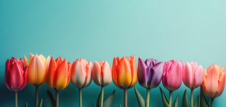 a row of tulips in full bloom, arranged on a pastel background in the style of pop inspo. Each tulip is rendered with exquisite detail, capturing the unique colors and textures of the petals, from soft pinks and purples to bold yellows and oranges.の写真素材