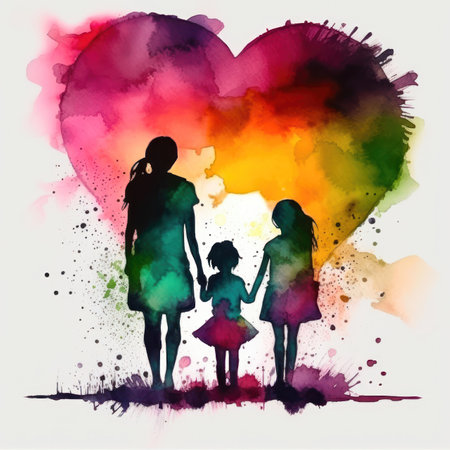stunning art piece captures the beautiful bond between a mother and her daughter. Rendered in soft, delicate watercolors, the piece features silhouettes of a mom and daughter embracing each other in the shape of a heart.の写真素材