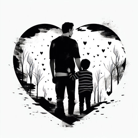 This beautiful illustration captures the timeless bond between a father and his son in a simple yet powerful way. The black and white color scheme creates a classic and timeless feel, while the use of simple shapes and vector graphics adds a modern touch.の写真素材