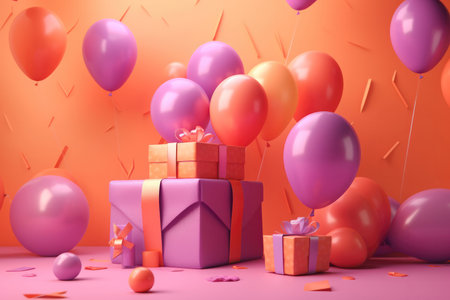 the excitement and joy of celebrating a mom's birthday. Against a warm background of light orange and magenta, colorful balloons and a beautifully wrapped gift box take center stage.の写真素材