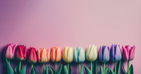 a row of tulips in full bloom, arranged on a pastel background in the style of pop inspo. Each tulip is rendered with exquisite detail, capturing the unique colors and textures of the petals, from soft pinks and purples to bold yellows and oranges.の写真素材