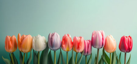 a row of tulips in full bloom, arranged on a pastel background in the style of pop inspo. Each tulip is rendered with exquisite detail, capturing the unique colors and textures of the petals, from soft pinks and purples to bold yellows and oranges.の写真素材