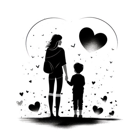 This heartwarming illustration celebrates the special bond between a mother and her child. Against a black and white background, simple shapes and flower motifs come together to create a beautiful and timeless design.の写真素材