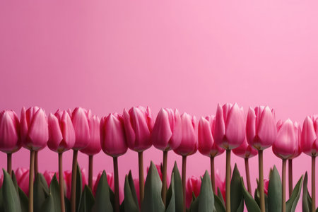 a row of tulips in full bloom, arranged on a pastel background in the style of pop inspo. Each tulip is rendered with exquisite detail, capturing the unique colors and textures of the petals, from soft pinks and purples to bold yellows and oranges.の写真素材