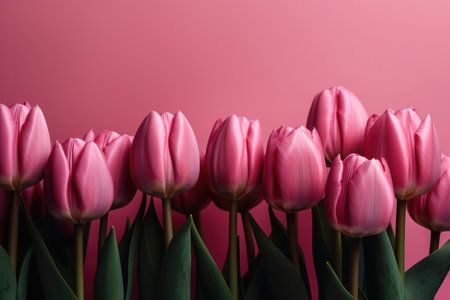 a row of tulips in full bloom, arranged on a pastel background in the style of pop inspo. Each tulip is rendered with exquisite detail, capturing the unique colors and textures of the petals, from soft pinks and purples to bold yellows and oranges.の写真素材