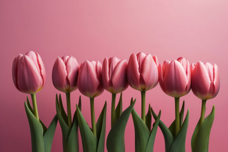 a row of tulips in full bloom, arranged on a pastel background in the style of pop inspo. Each tulip is rendered with exquisite detail, capturing the unique colors and textures of the petals, from soft pinks and purples to bold yellows and oranges.の写真素材