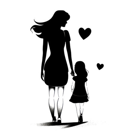 This heartwarming illustration celebrates the special bond between a mother and her child. Against a black and white background, simple shapes and flower motifs come together to create a beautiful and timeless design.の写真素材