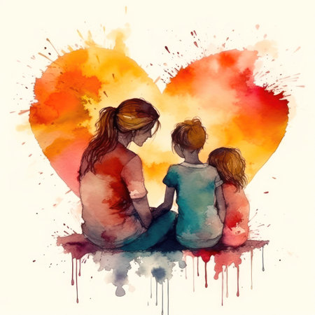 stunning art piece captures the beautiful bond between a mother and her daughter. Rendered in soft, delicate watercolors, the piece features silhouettes of a mom and daughter embracing each other in the shape of a heart.の写真素材