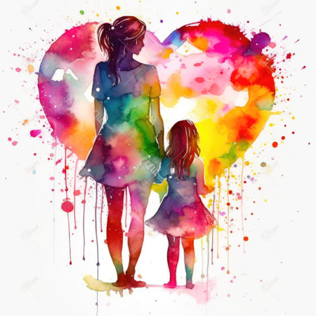stunning art piece captures the beautiful bond between a mother and her daughter. Rendered in soft, delicate watercolors, the piece features silhouettes of a mom and daughter embracing each other in the shape of a heart.の写真素材