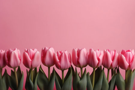 a row of tulips in full bloom, arranged on a pastel background in the style of pop inspo. Each tulip is rendered with exquisite detail, capturing the unique colors and textures of the petals, from soft pinks and purples to bold yellows and oranges.の写真素材