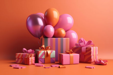 the excitement and joy of celebrating a mom's birthday. Against a warm background of light orange and magenta, colorful balloons and a beautifully wrapped gift box take center stage.の写真素材